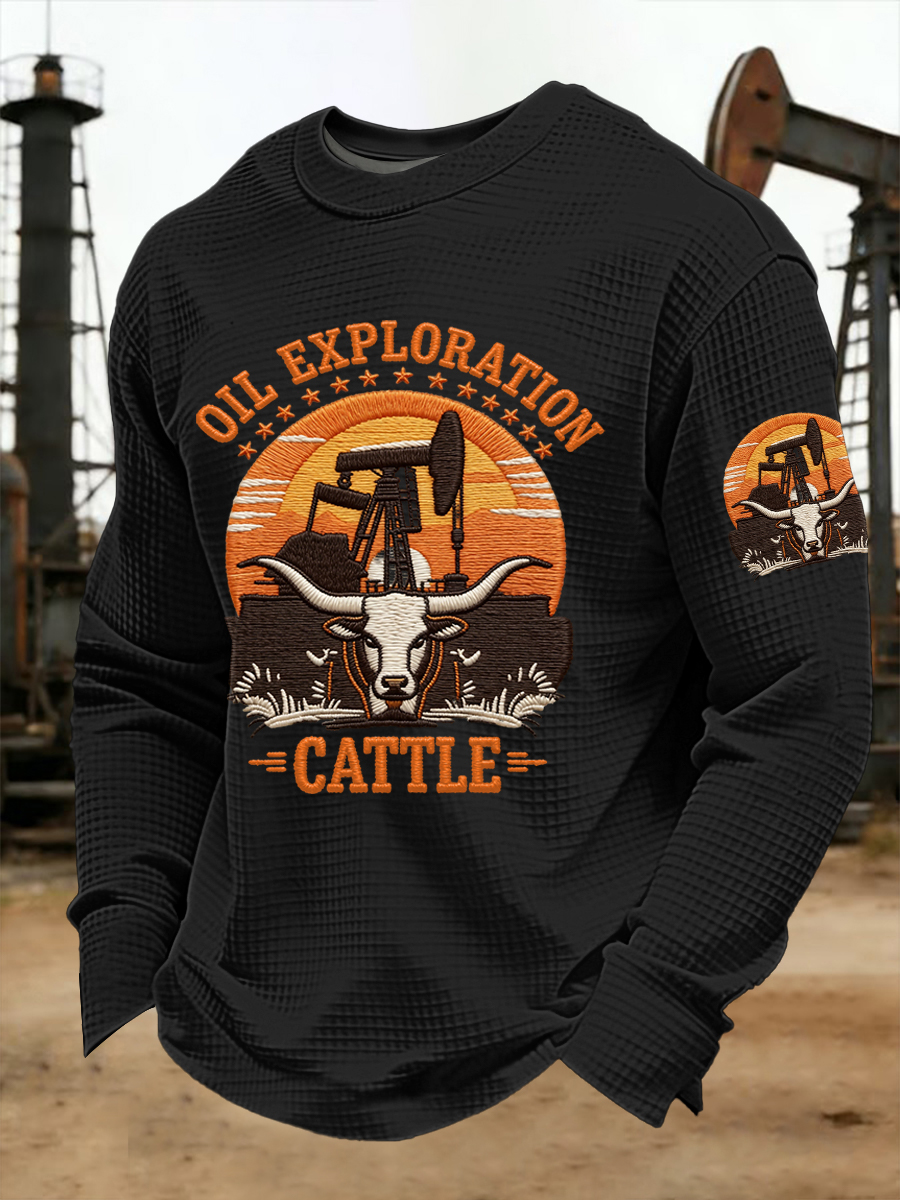 Men's Retro CTT Oil Exploration & Cattle Print Casual Waffle Long Sleeve T-Shirt
