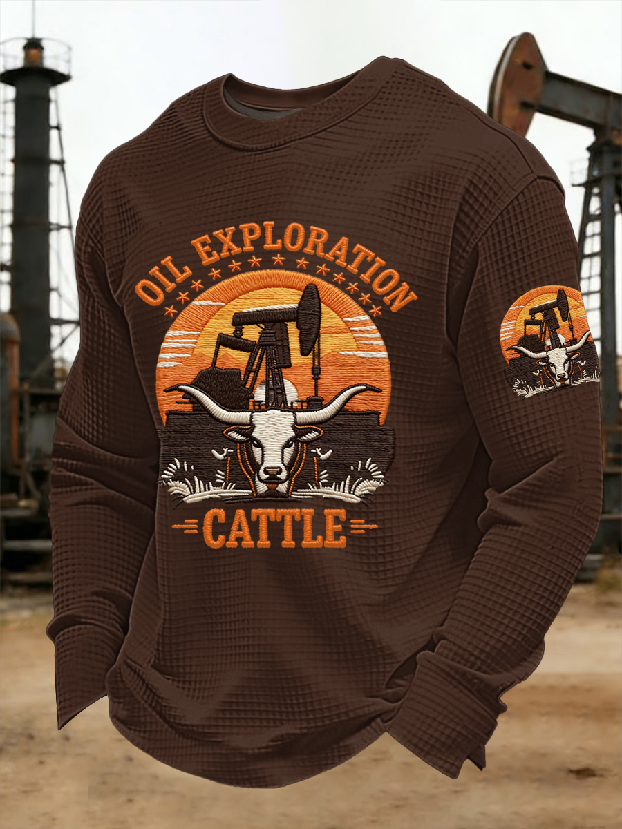 Men's Retro CTT Oil Exploration & Cattle Print Casual Waffle Long Sleeve T-Shirt