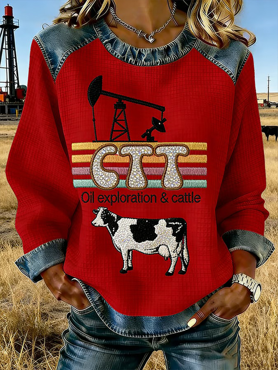 Women's Retro CTT Oil Exploration & Cattle Print Casual Denim Patchwork Sweatshirt