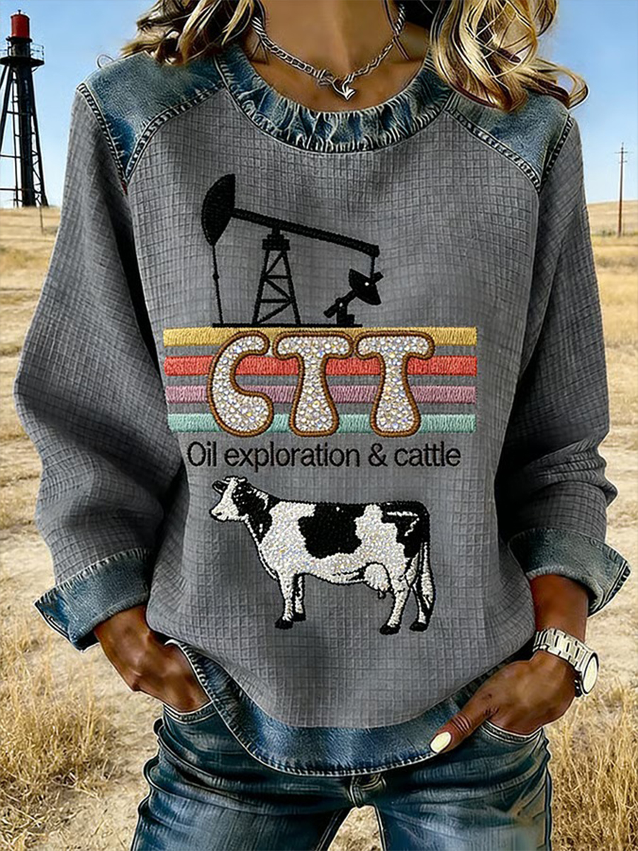 Women's Retro CTT Oil Exploration & Cattle Print Casual Denim Patchwork Sweatshirt