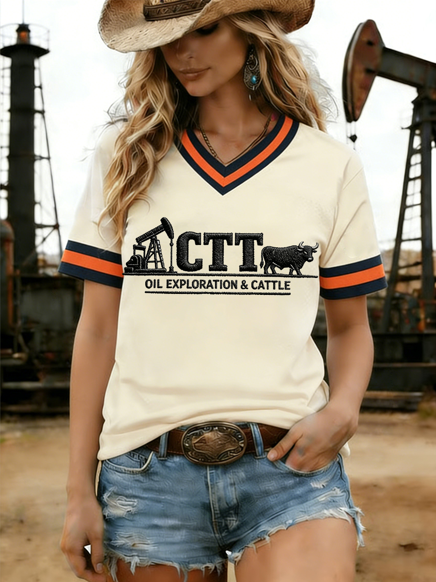 Women's Retro CTT Oil Exploration & Cattle Print Casual V-Neck Tee