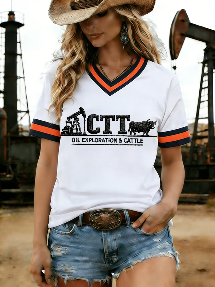 Women's Retro CTT Oil Exploration & Cattle Print Casual V-Neck Tee