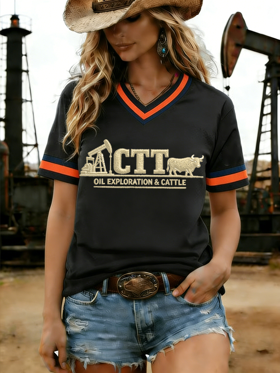 Women's Retro CTT Oil Exploration & Cattle Print Casual V-Neck Tee
