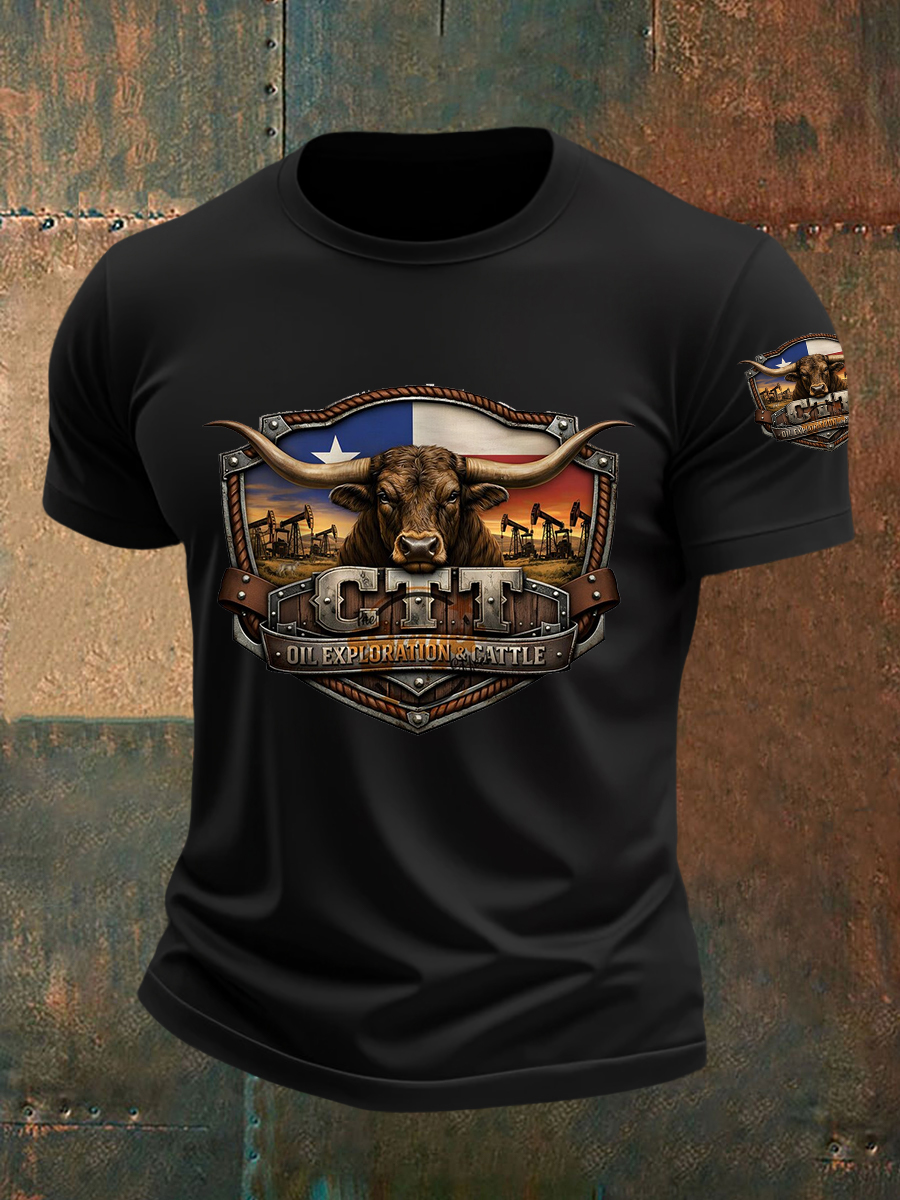 Men's Retro CTT Oil Exploration & Cattle Print Casual Tee