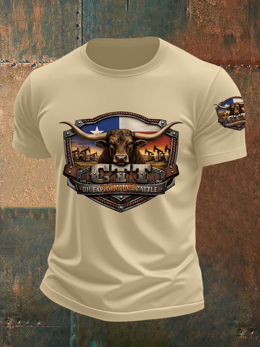Men's Retro CTT Oil Exploration & Cattle Print Casual Tee