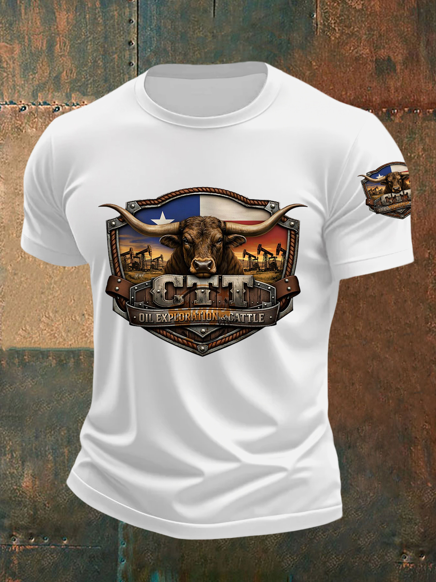 Men's Retro CTT Oil Exploration & Cattle Print Casual Tee