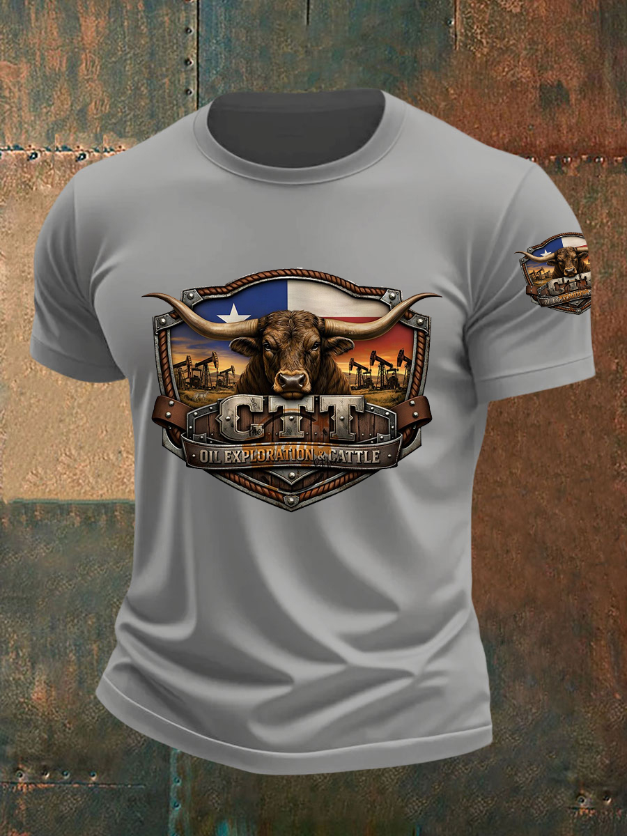 Men's Retro CTT Oil Exploration & Cattle Print Casual Tee