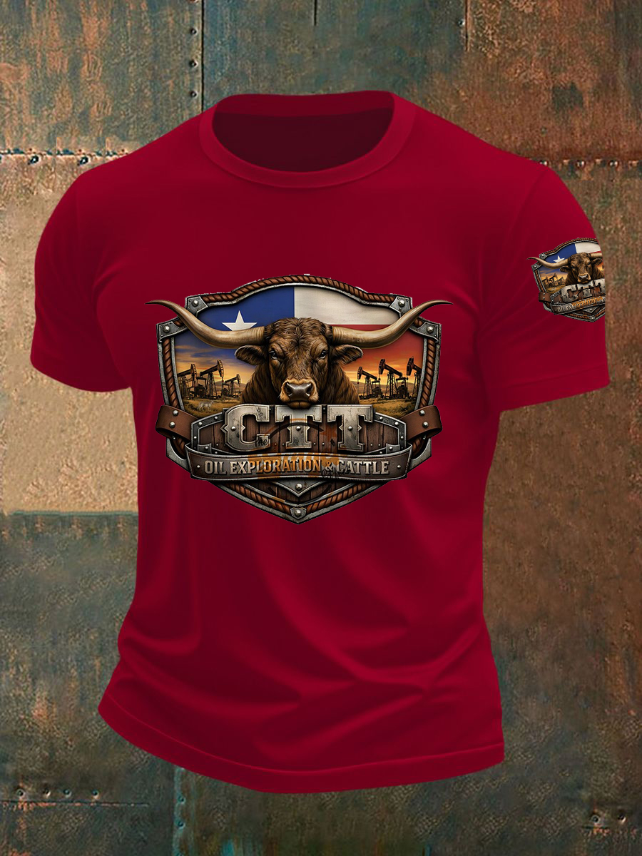 Men's Retro CTT Oil Exploration & Cattle Print Casual Tee