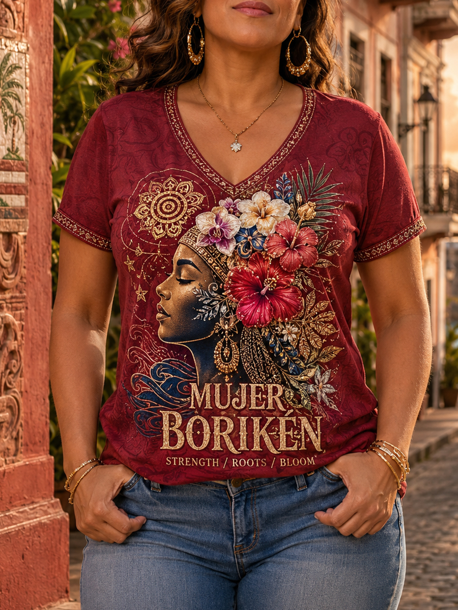 Women's Puerto Rico Taino Art Printed Linen T-shirt