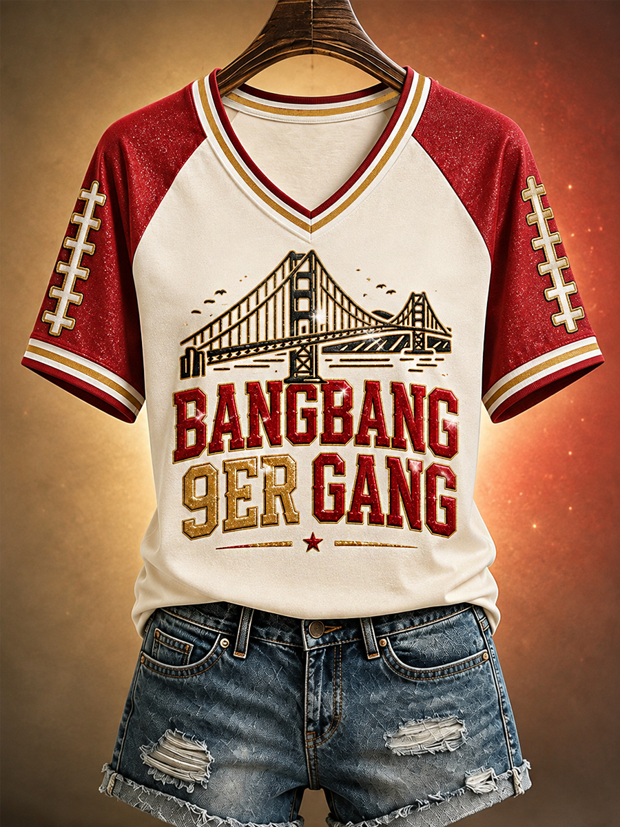 Women's Bang Bang Football Gameday Gift For Football Fans Casual V-Neck Tee