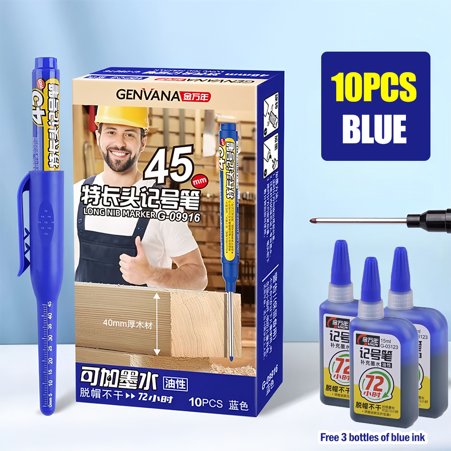 🧰⚒️【10 toll + 3 üveg tinta】20 mm-es vízálló filctoll, ácsoknak/vízvezeték-szerelőknek/felújító és javító munkásoknak vonalak rajzolásához és jelöléséhez.