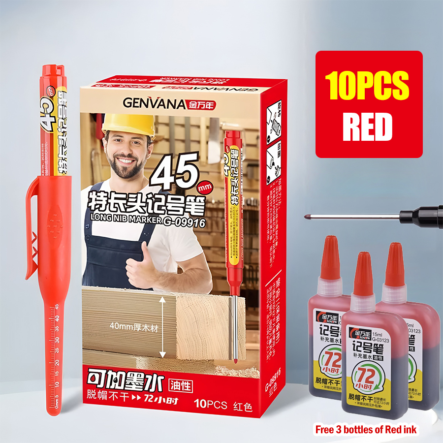 🧰⚒️【10 toll + 3 üveg tinta】20 mm-es vízálló filctoll, ácsoknak/vízvezeték-szerelőknek/felújító és javító munkásoknak vonalak rajzolásához és jelöléséhez.