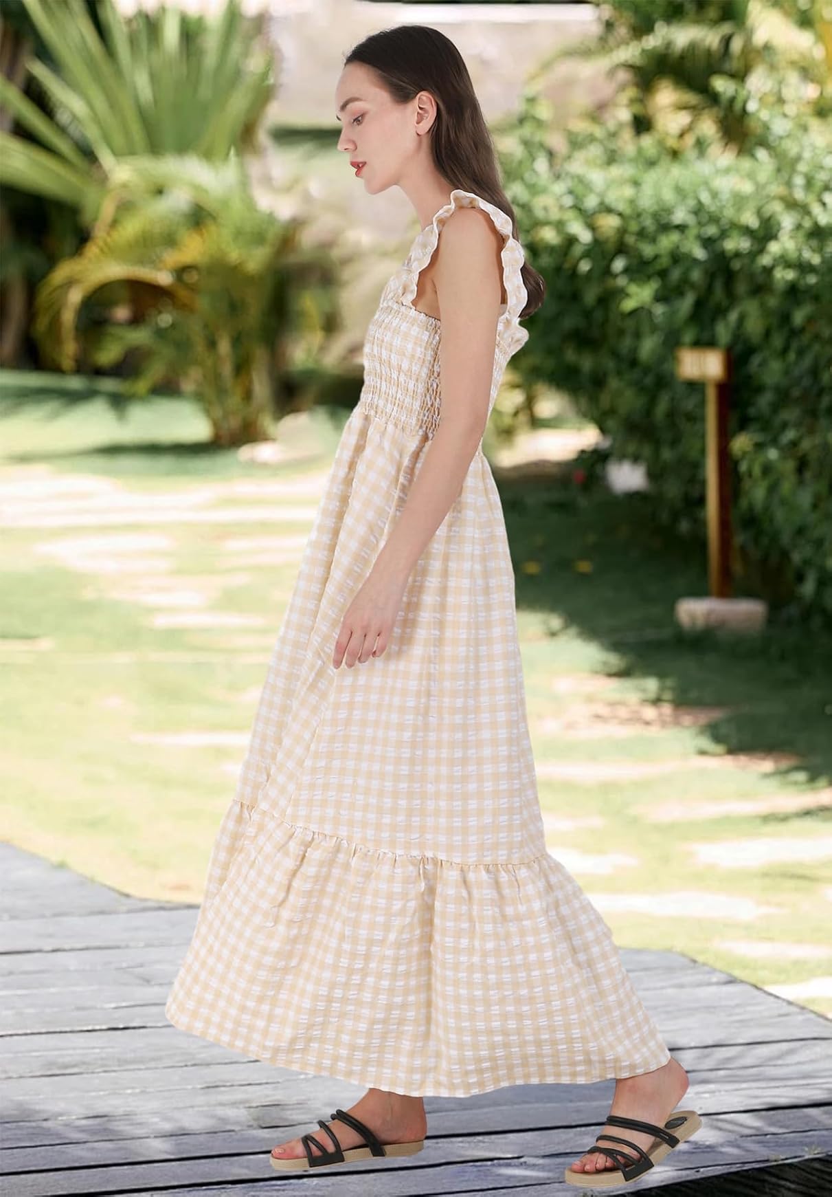 Plaid Ruffle Strap Square Neck Dress (Buy 2 Free Shipping)