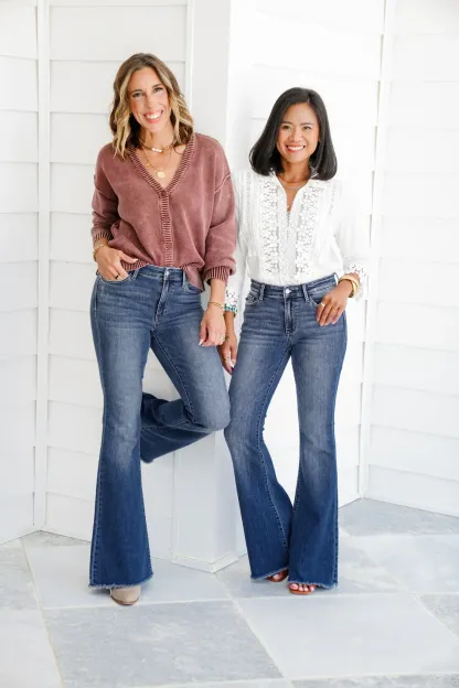 Tummy Control Mid Rise Flare Jeans with Frayed Hem (Buy 2 Free Shipping)