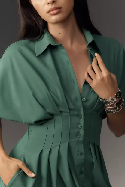 Button-Front Pleated Midi Shirt Dress (Buy 2 Free Shipping)