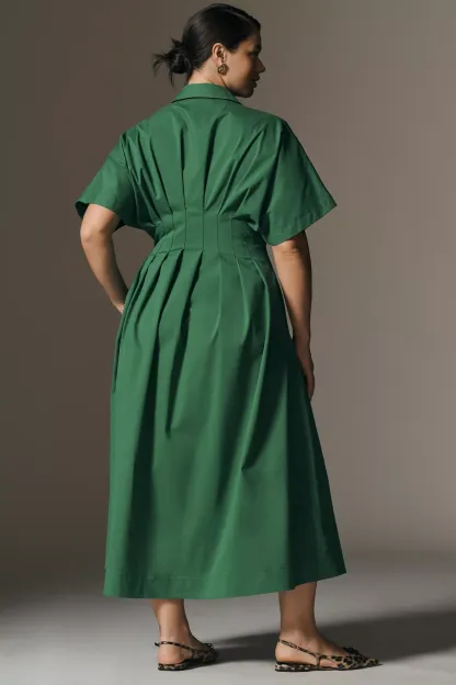 Button-Front Pleated Midi Shirt Dress (Buy 2 Free Shipping)