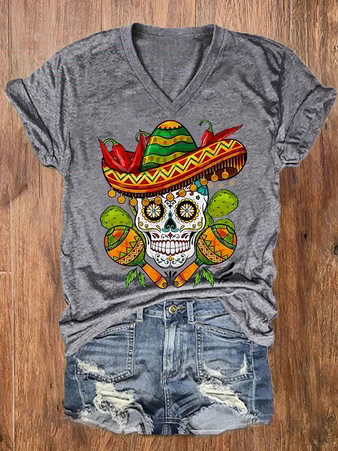 Women's Cinco De Mayo Let's Fiesta Floral Skeleton Casual V-Neck Tee