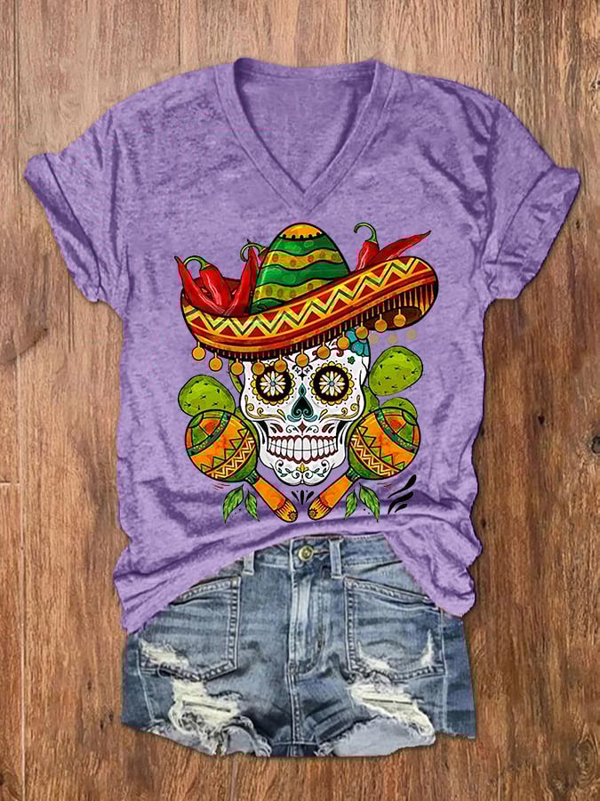 Women's Cinco De Mayo Let's Fiesta Floral Skeleton Casual V-Neck Tee