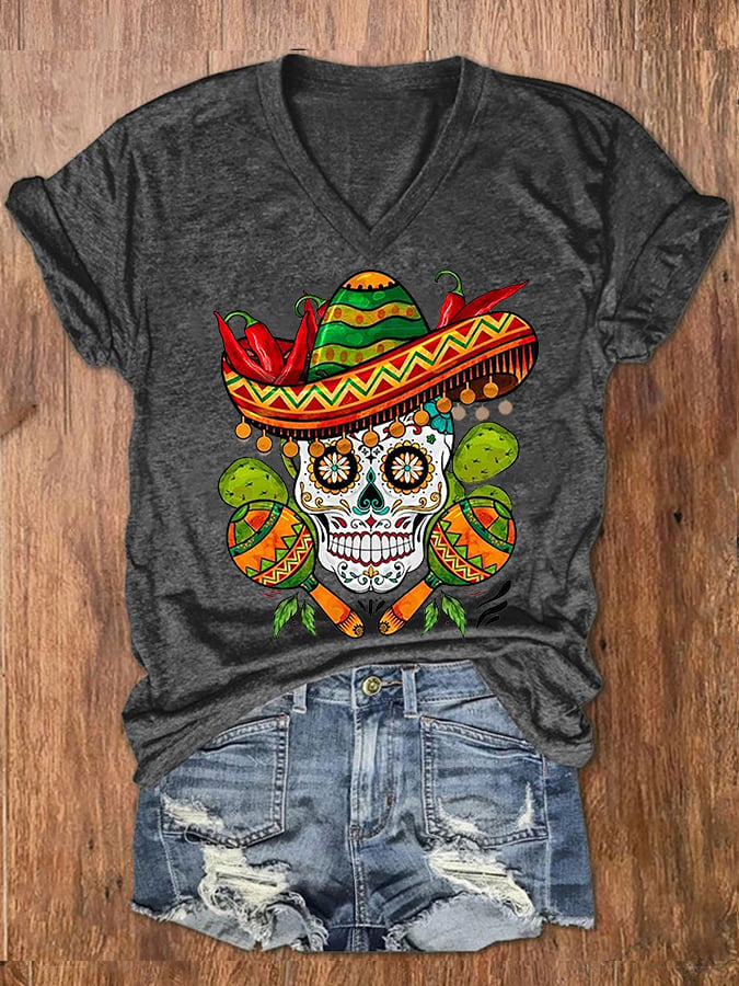 Women's Cinco De Mayo Let's Fiesta Floral Skeleton Casual V-Neck Tee