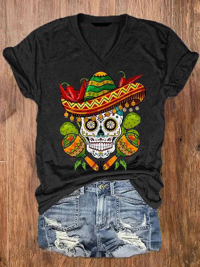 Women's Cinco De Mayo Let's Fiesta Floral Skeleton Casual V-Neck Tee