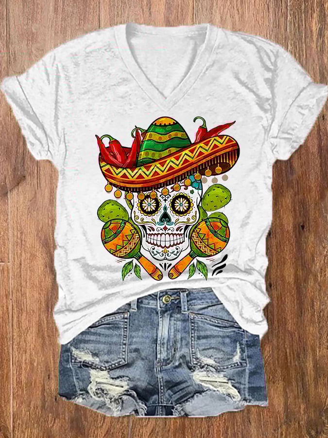 Women's Cinco De Mayo Let's Fiesta Floral Skeleton Casual V-Neck Tee