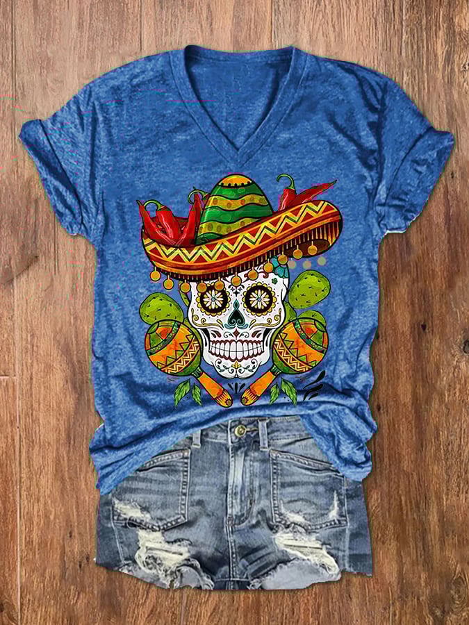 Women's Cinco De Mayo Let's Fiesta Floral Skeleton Casual V-Neck Tee