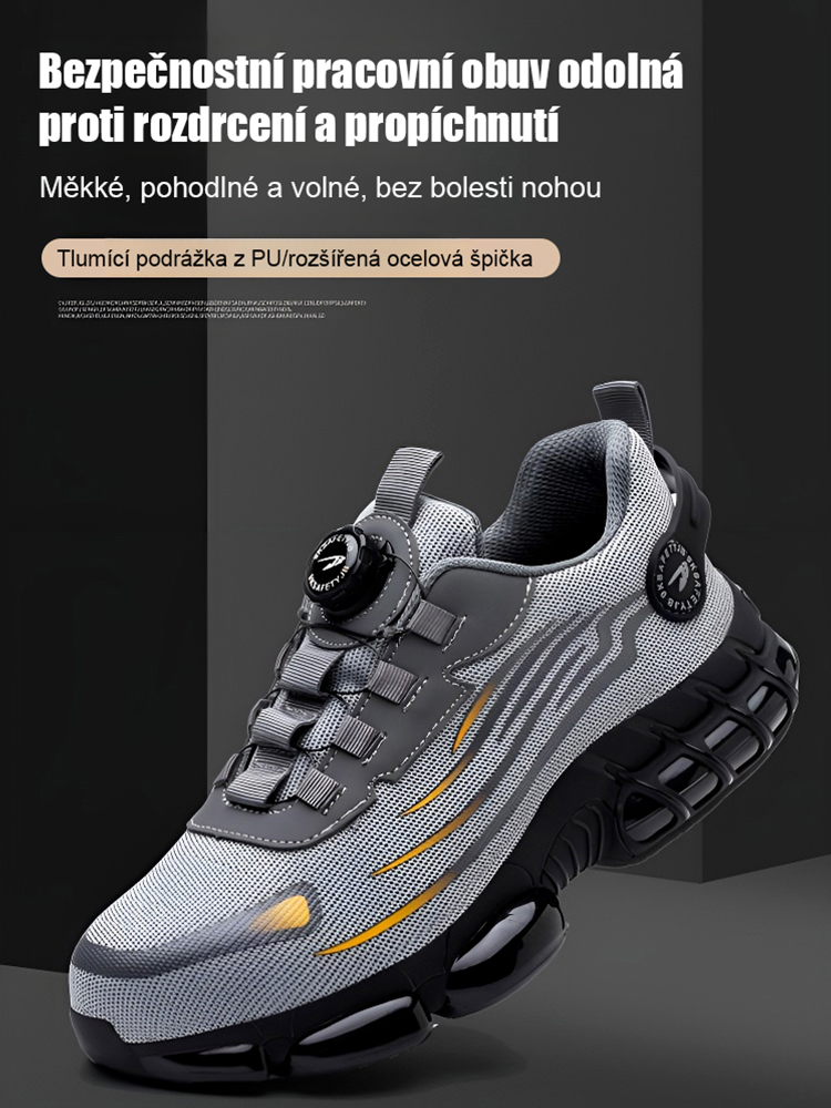 Ochranné pracovní boty s otočným knoflíkem, odolné proti propíchnutí a nárazu.