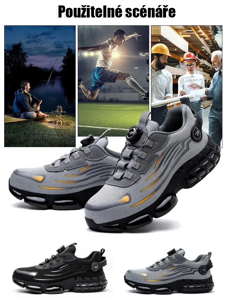 Ochranné pracovní boty s otočným knoflíkem, odolné proti propíchnutí a nárazu.