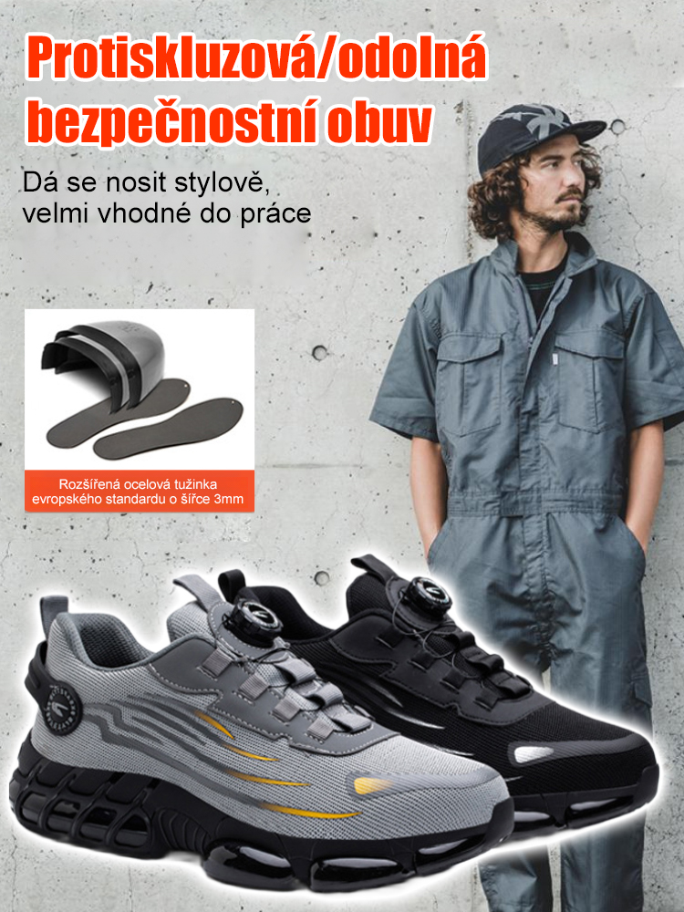 Ochranné pracovní boty s otočným knoflíkem, odolné proti propíchnutí a nárazu.