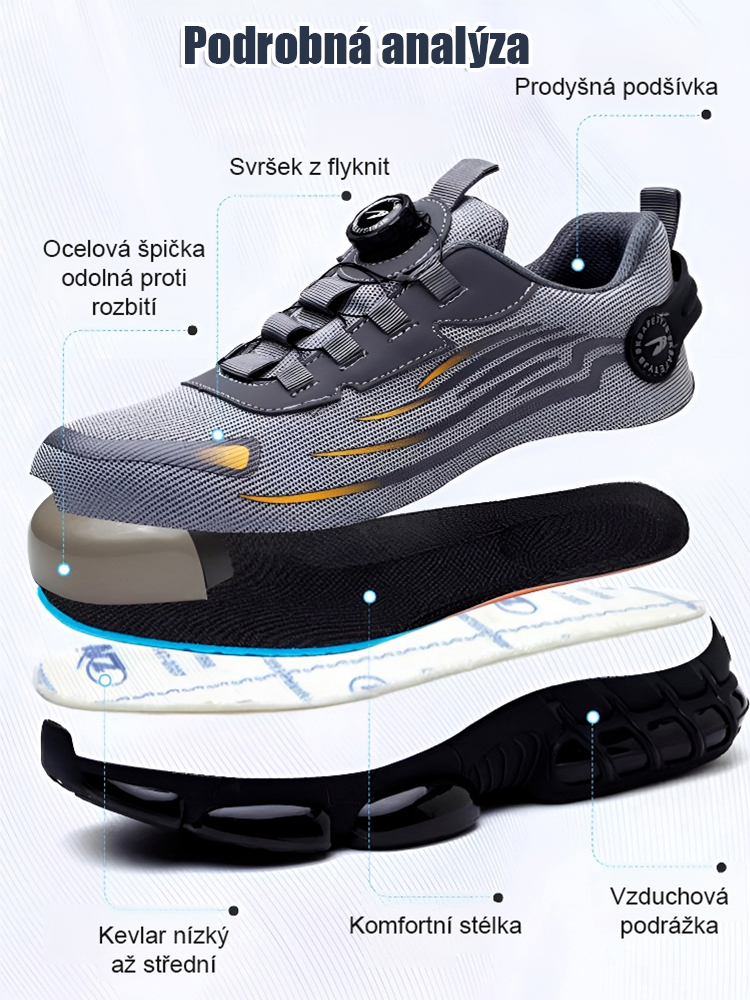 Ochranné pracovní boty s otočným knoflíkem, odolné proti propíchnutí a nárazu.