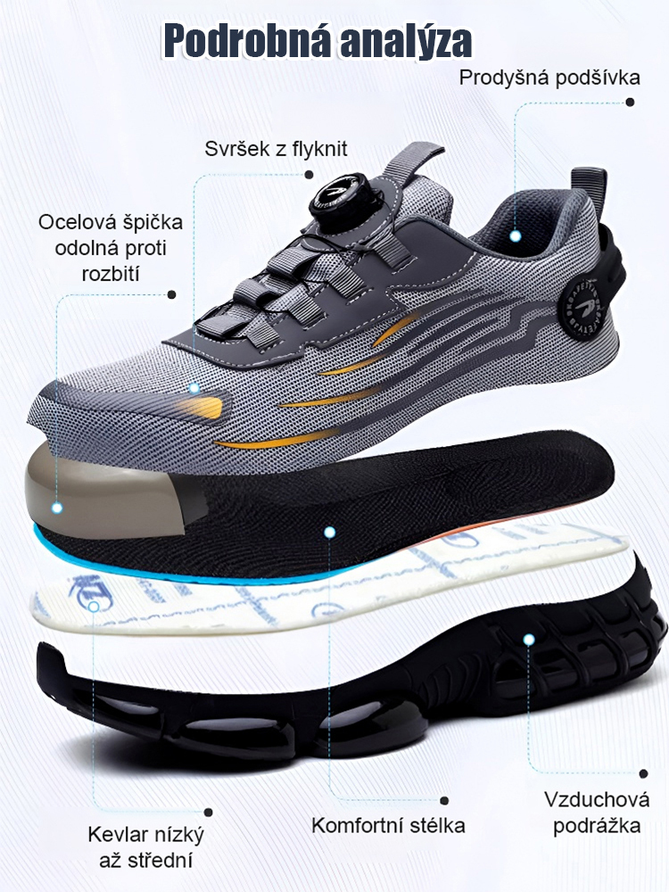 Ochranné pracovní boty s otočným knoflíkem, odolné proti propíchnutí a nárazu.