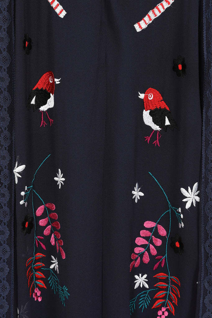Navy Christmas Embroidered Maxi Dress with Lace Panels