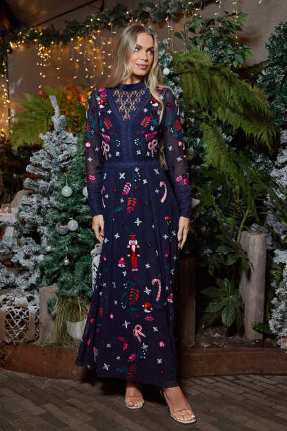 Navy Christmas Embroidered Maxi Dress with Lace Panels