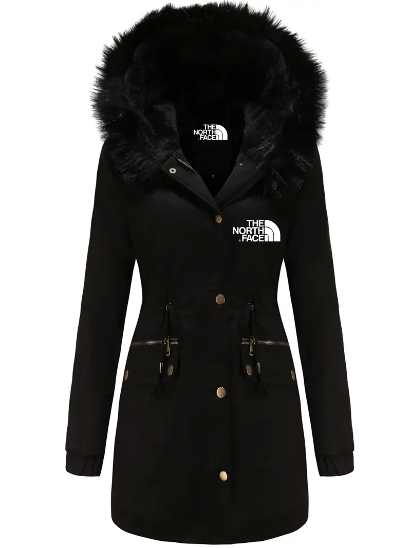 TNF®-Cozy Fuzzy Trim Parka Hoodie Coat - Thermal Insulation, Long Sleeve, Drawstring Waist, Casual Chic, Fall & Winter Essential