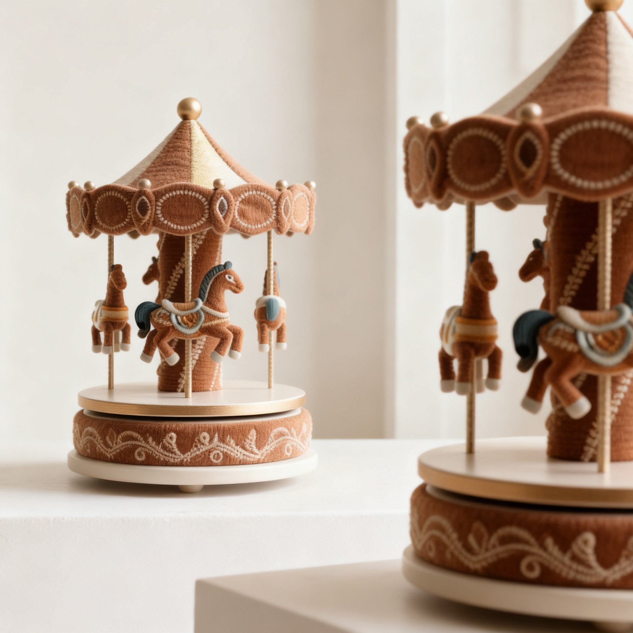 Zwei Kinder Holz-Karussell Figuren nebeneinander