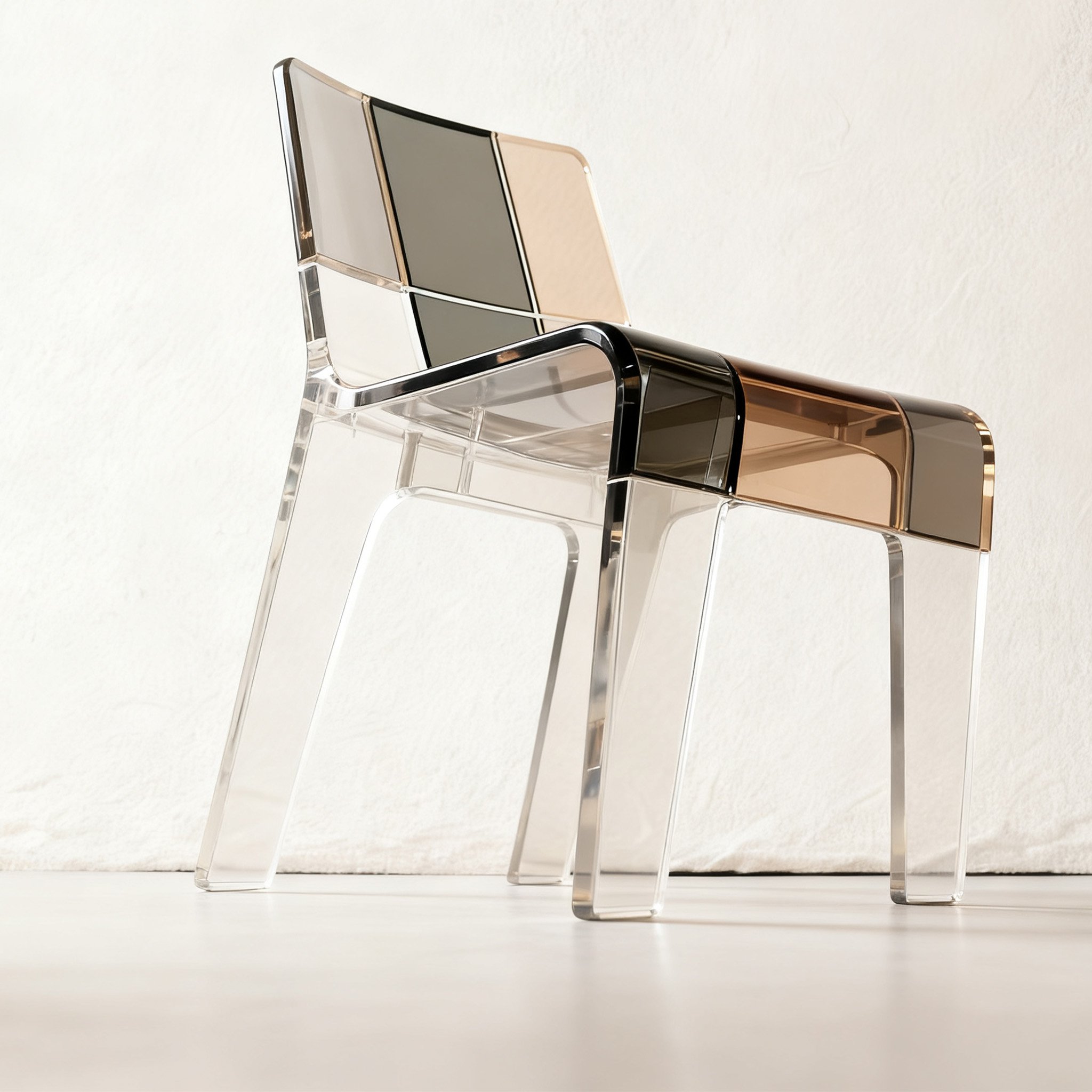 Moderner transparenter Acrylstuhl auf wei&szlig;em Hintergrund