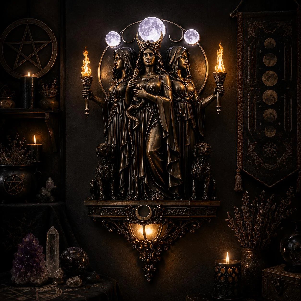 Triple Goddess Hecate LED Wall Sconce – Wiccan Witchy Torch Wall Light-Baslayer