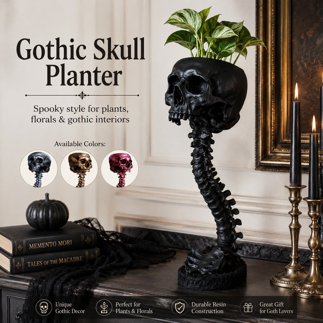 Gothic Skull Planter and Skeleton Vase,  Spooky Home Decor