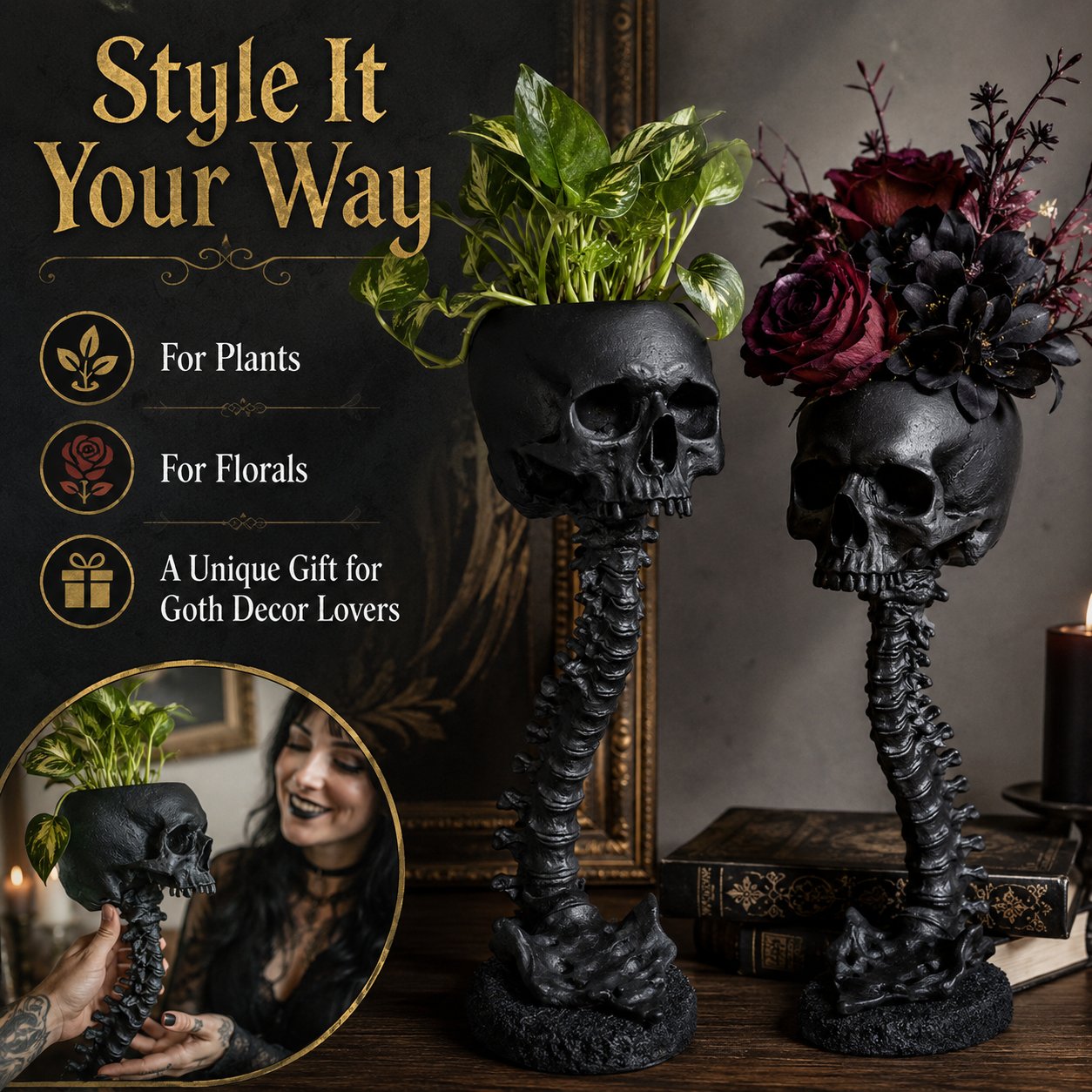 Gothic Skull Planter and Skeleton Vase,  Spooky Home Decor