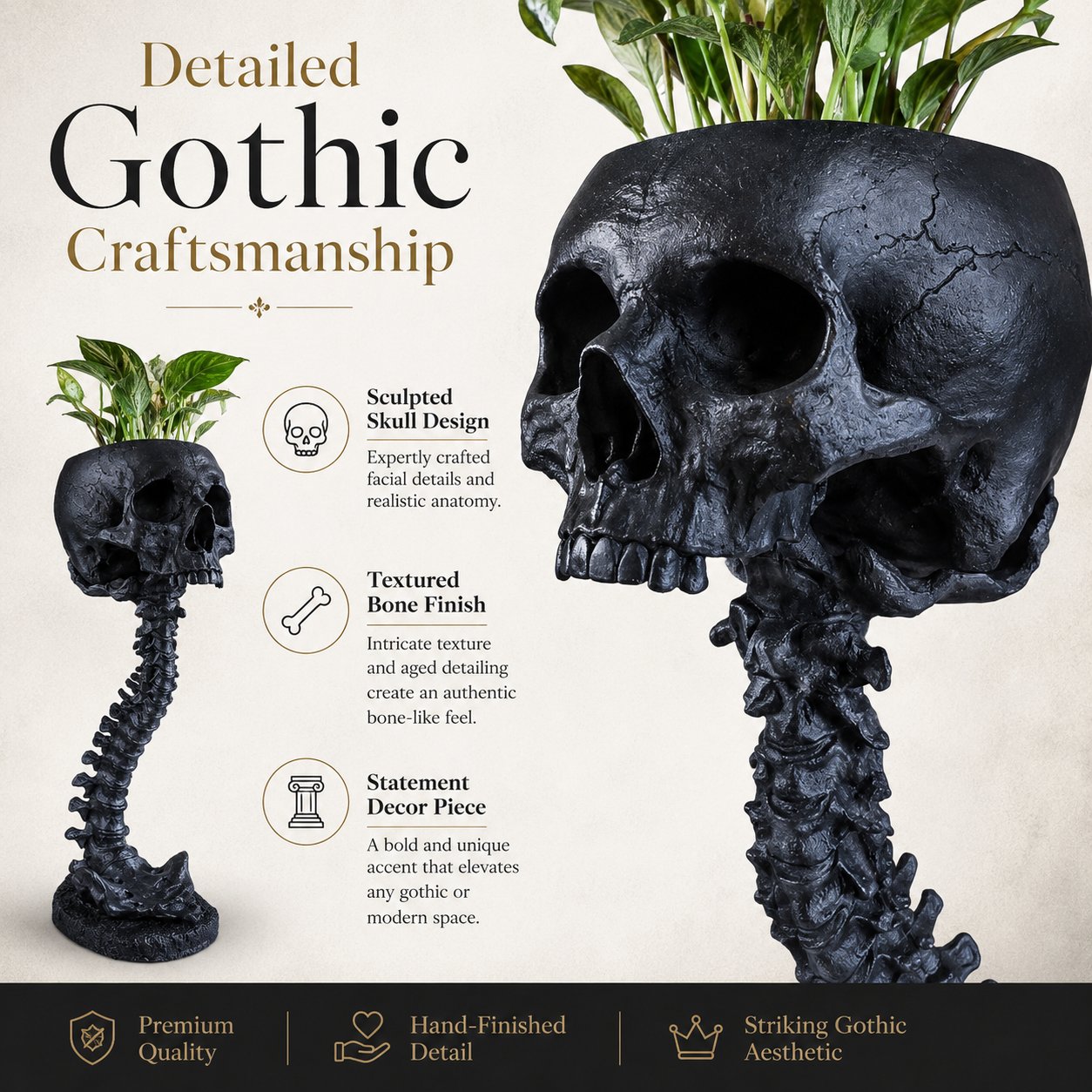 Gothic Skull Planter and Skeleton Vase,  Spooky Home Decor