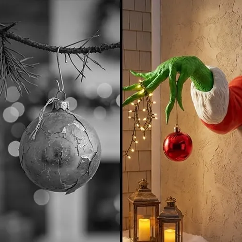 Comparison showing ordinary Christmas ornament and green monster wall hand