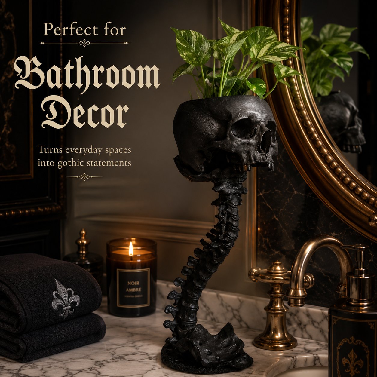 Gothic Skull Planter and Skeleton Vase,  Spooky Home Decor