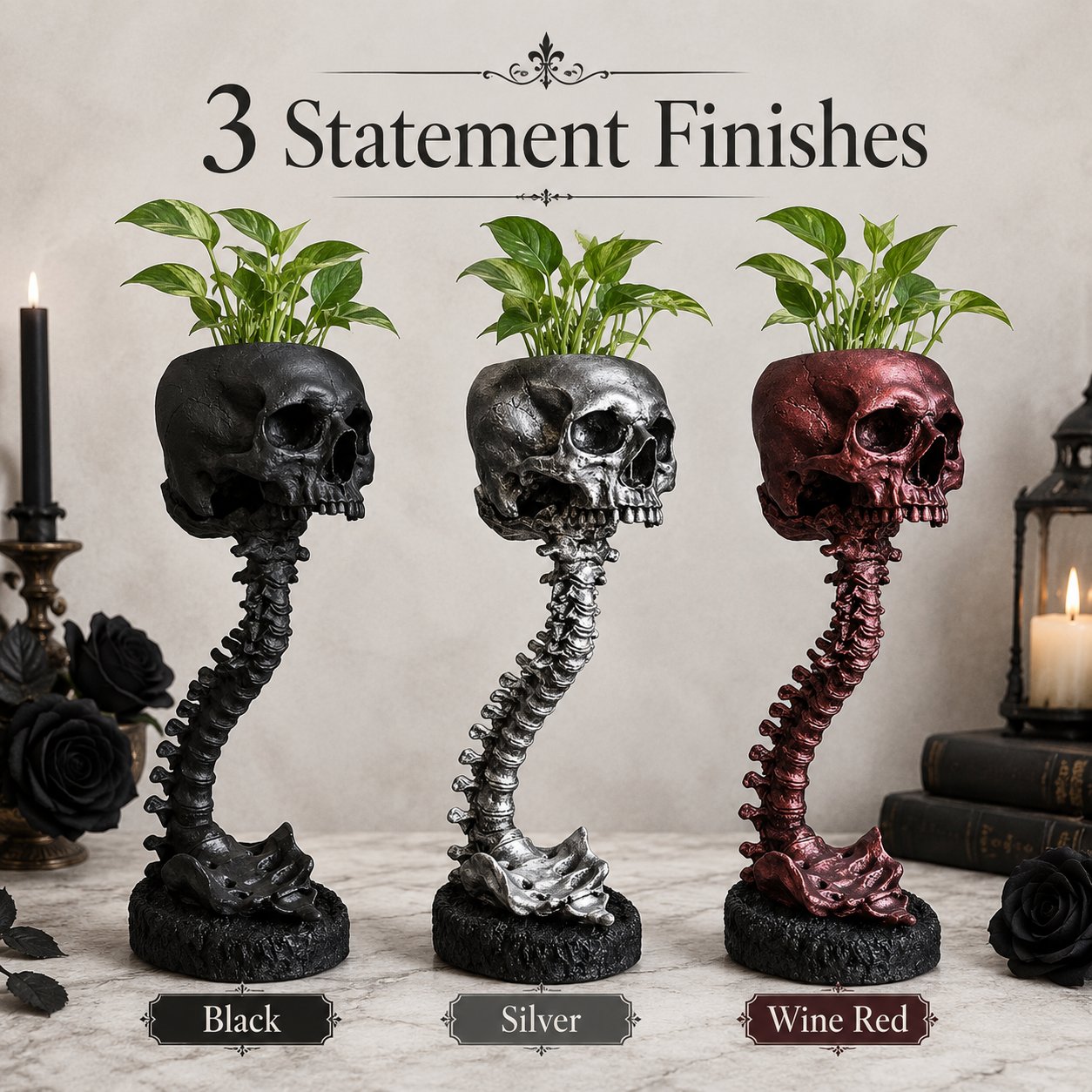 Gothic Skull Planter and Skeleton Vase,  Spooky Home Decor