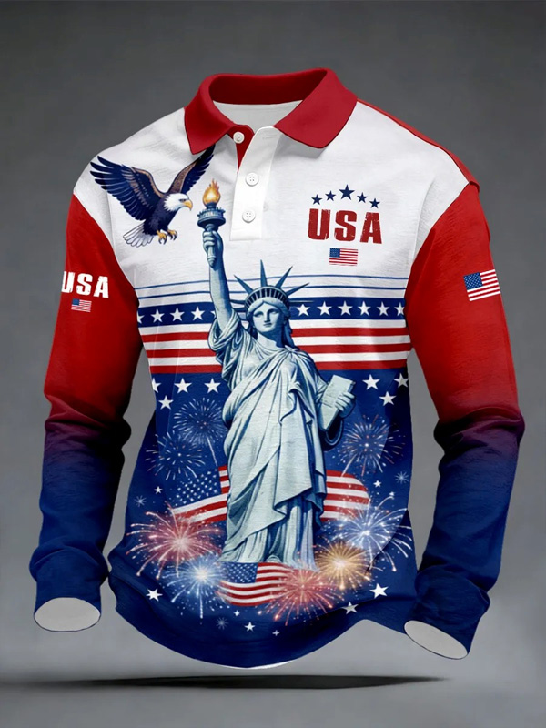 Men's USA Eagle Statue Of Liberty Print Long Sleeve Polo Shirt