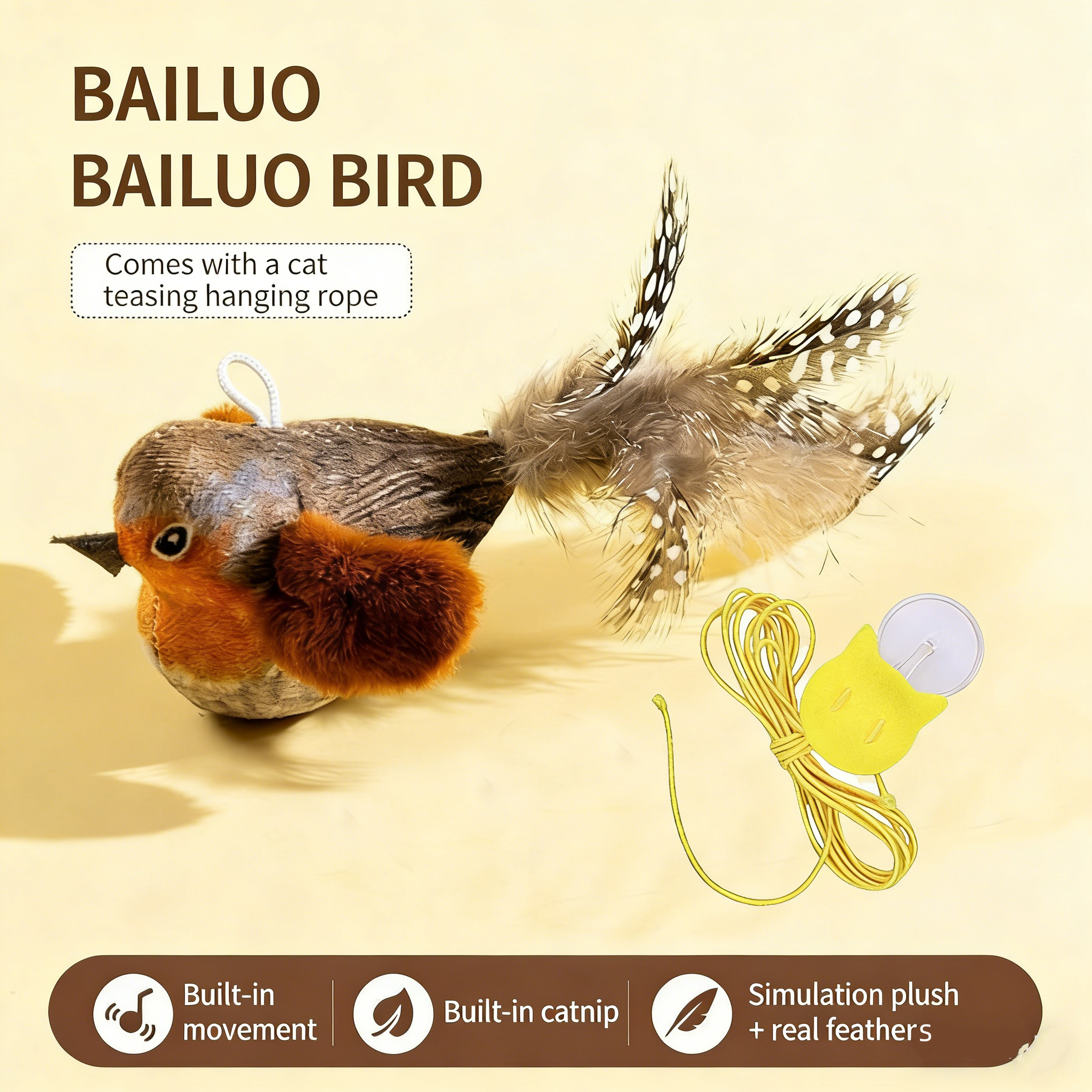 Touch-Activated Chirping Bird Cat Toy | Realistic Bird Call Interactive Cat Teaser | Bite-Resistant Feather Cat Toy for Indoor Cats Self-Entertainment