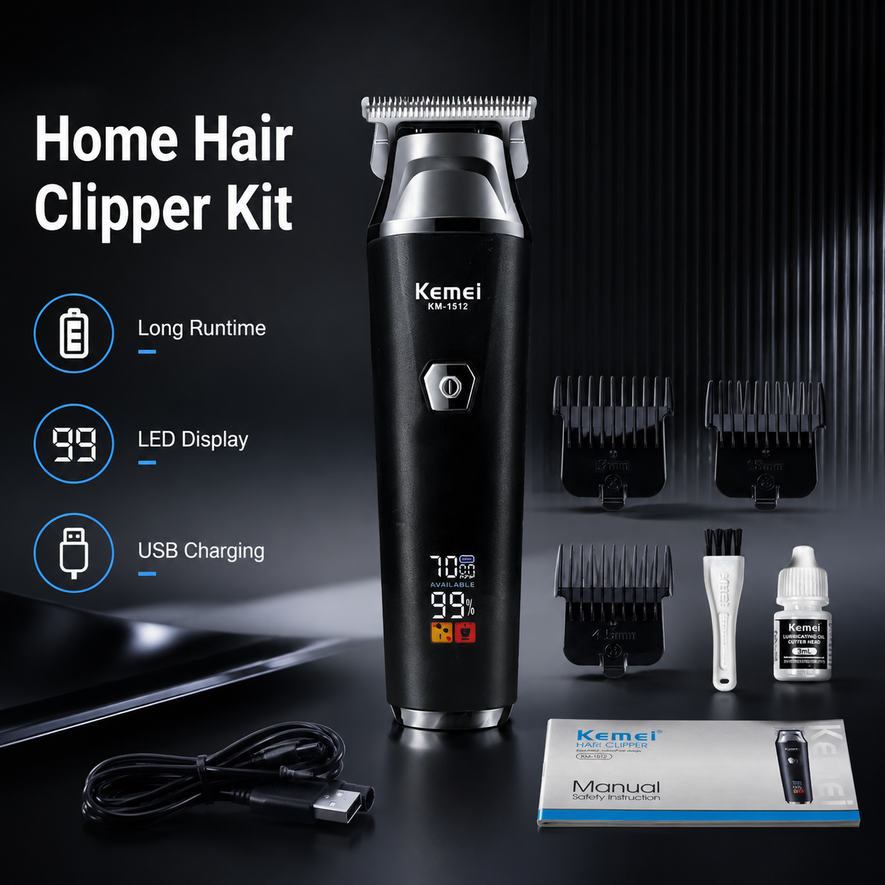 Cordless Hair Clipper Kit for Men, Rechargeable Home Grooming Trimmer with LED Display, Waterproof Design & USB Charging
