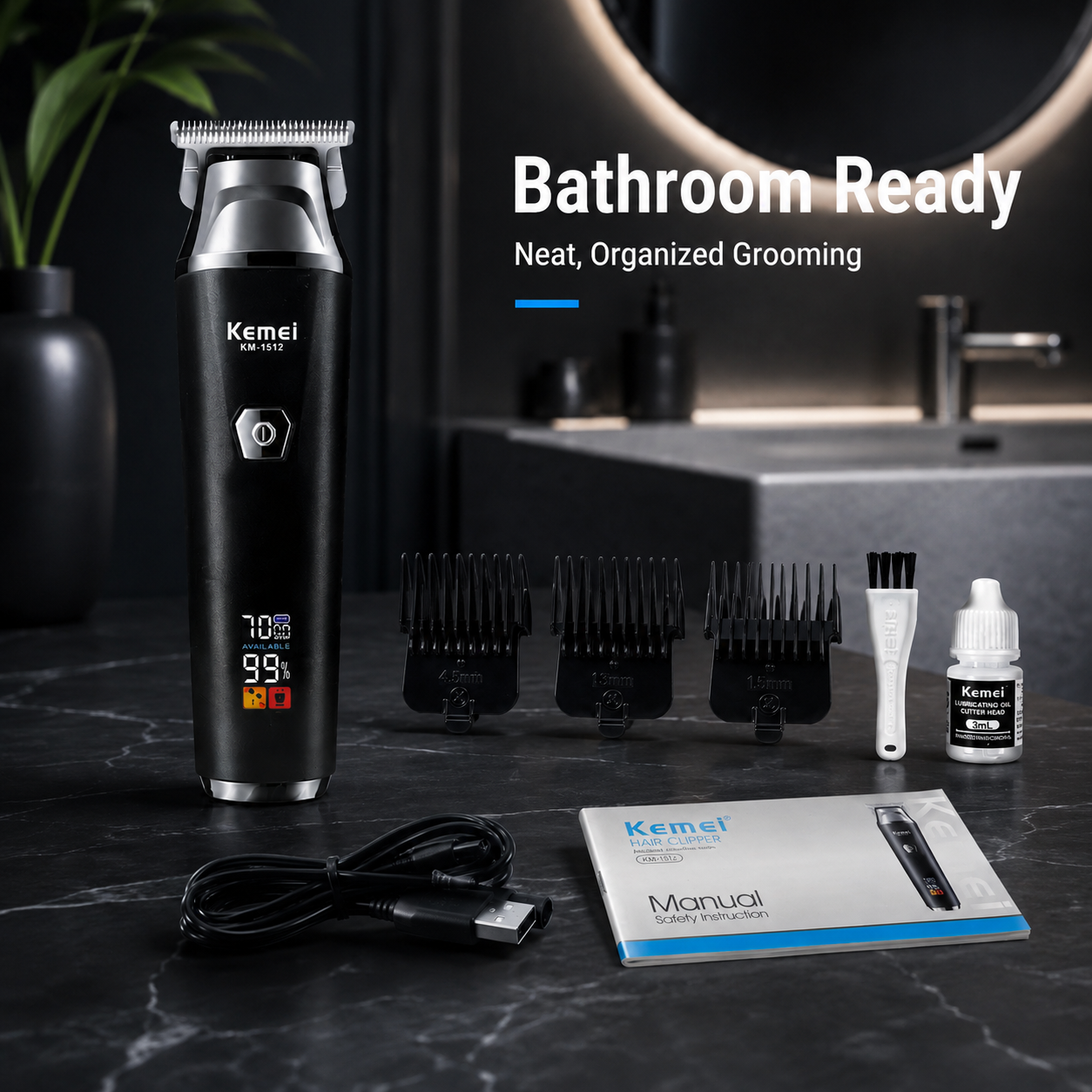 Cordless Hair Clipper Kit for Men, Rechargeable Home Grooming Trimmer with LED Display, Waterproof Design & USB Charging