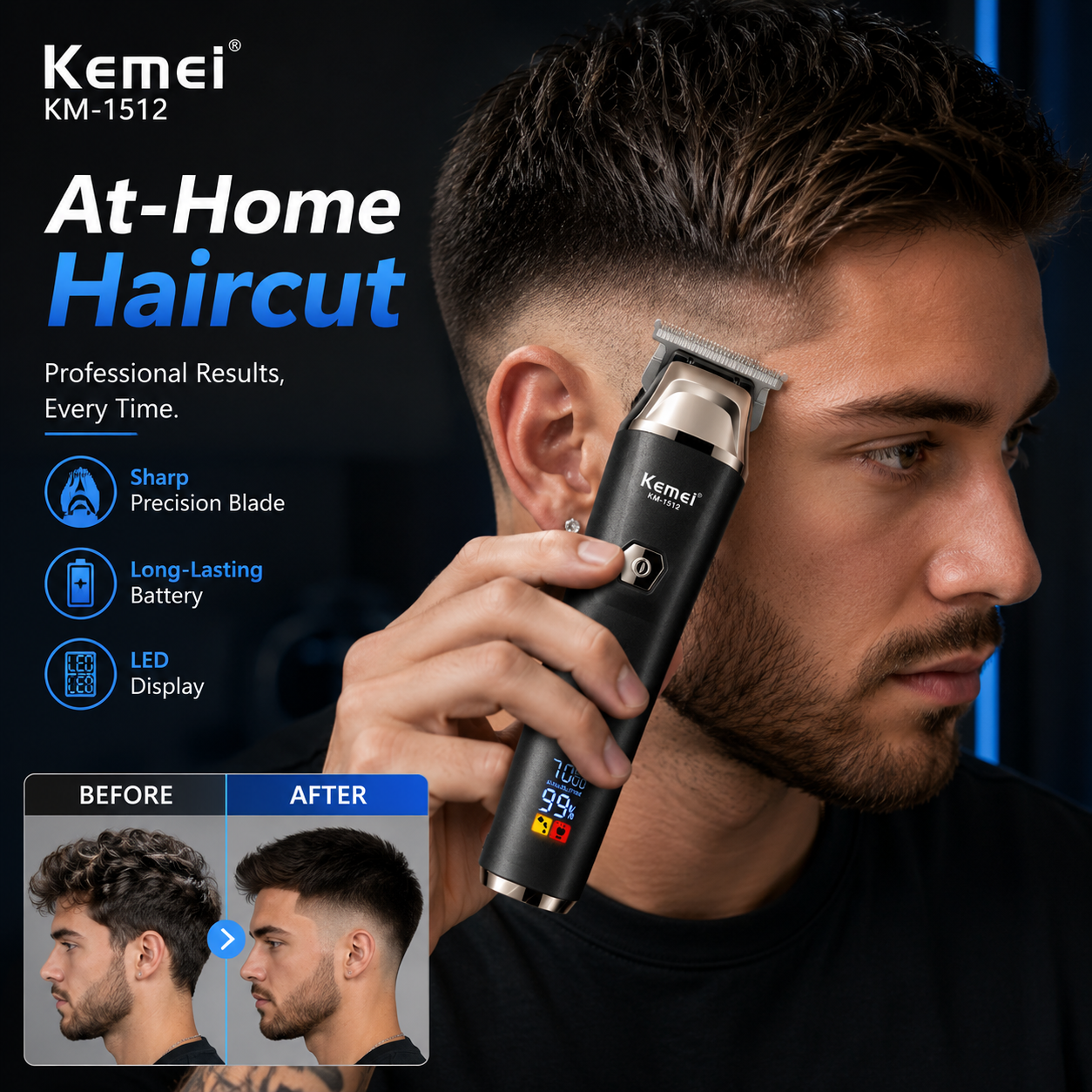 Cordless Hair Clipper Kit for Men, Rechargeable Home Grooming Trimmer with LED Display, Waterproof Design & USB Charging