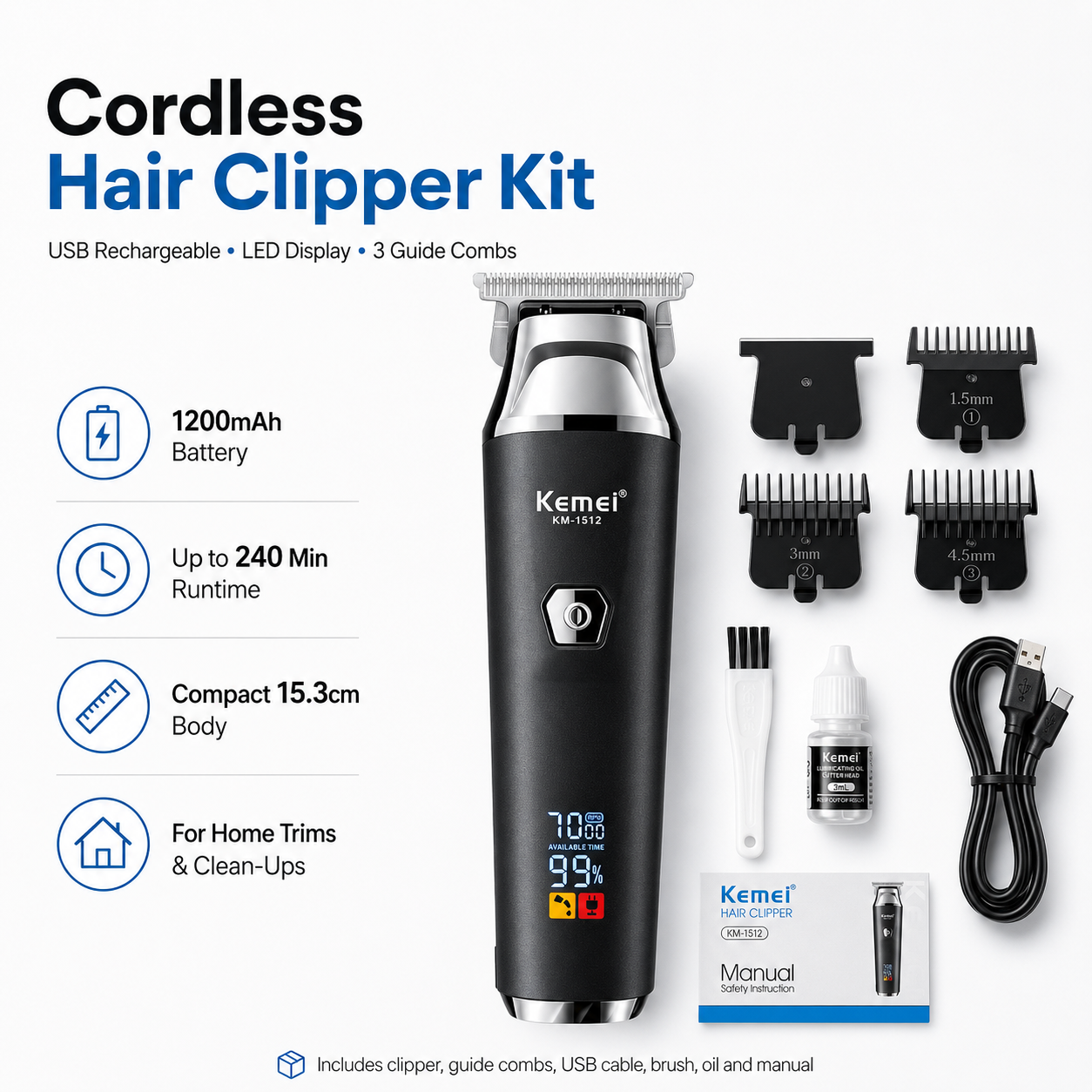 Cordless Rechargeable Hair Clipper Kit with LED Display