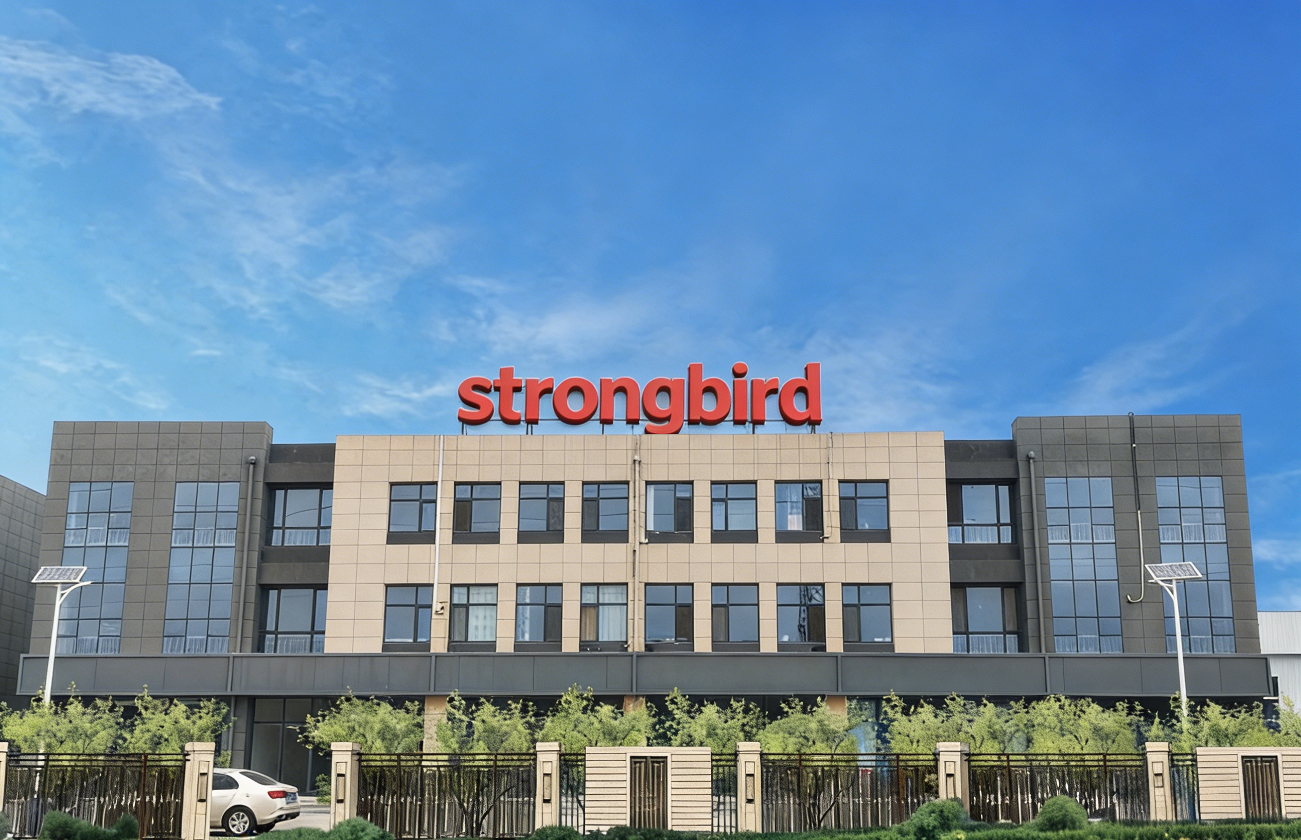 {"default":"Strongbird company headquarters building exterior, showing company logo, architecture, and surrounding landscape"}
